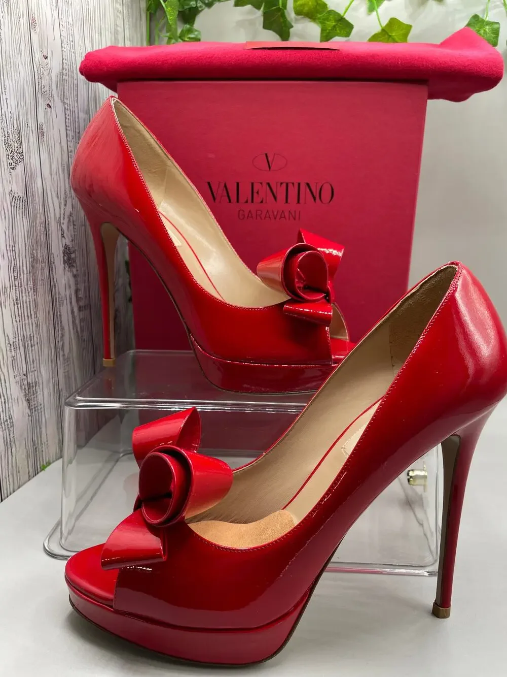 Valentino‎ Garavani Couture Open Toe Bow Red Patton Leather Womans Pump Heels 39